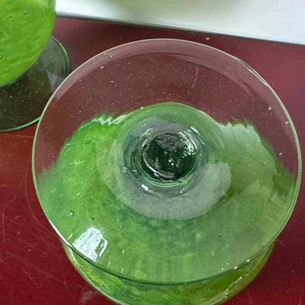 Vintage Set of hand Blown Glass Brandy Snifter Stemmed Green Glass
